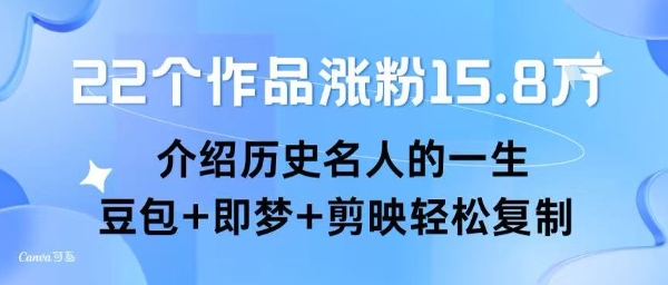 22个作品涨粉15.8W ，介绍历史名人的一生 ， 豆包+即梦+剪映轻松复制网赚项目-副业赚钱-互联网创业-资源整合御文网赚