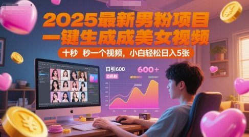 2025最新男粉项目，一键生成美女视频，日引600+色粉 十秒一个视频，小白轻松日入5张【揭秘】网赚项目-副业赚钱-互联网创业-资源整合御文网赚