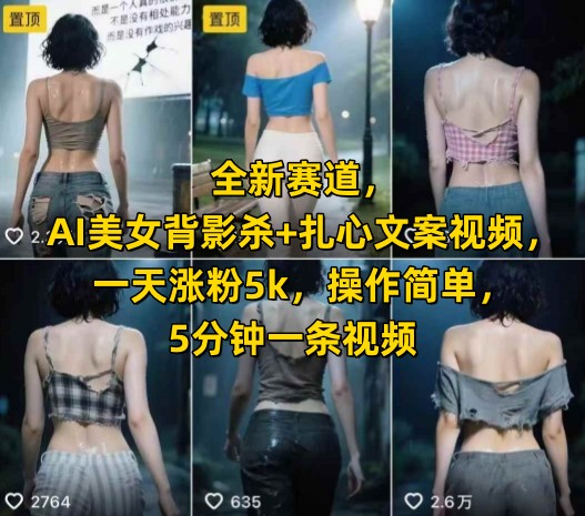 全新赛道，AI美女背影杀+扎心文案视频，一天涨粉5k，操作简单，5分钟一条视频网赚项目-副业赚钱-互联网创业-资源整合御文网赚