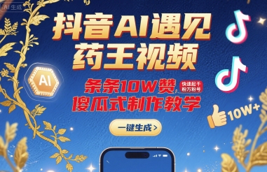 抖音AI遇见药王视频，条条10W赞，快速起千粉万粉号，傻瓜式制作教学网赚项目-副业赚钱-互联网创业-资源整合御文网赚