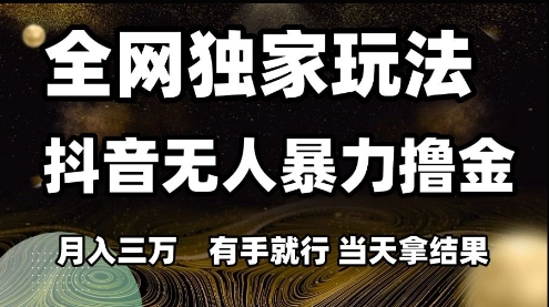 全网独家玩法抖音无人暴力撸金，月入3W，有手就行，当天拿结果【揭秘】网赚项目-副业赚钱-互联网创业-资源整合御文网赚