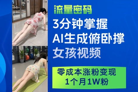 3分钟掌握AI生成俯卧撑女孩视频，零成本涨粉变现，1个月1W粉网赚项目-副业赚钱-互联网创业-资源整合御文网赚