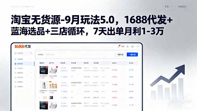 淘宝无货源-9月玩法5.0，1688代发+蓝海选品+三店循环，7天出单月利1-3万网赚项目-副业赚钱-互联网创业-资源整合御文网赚