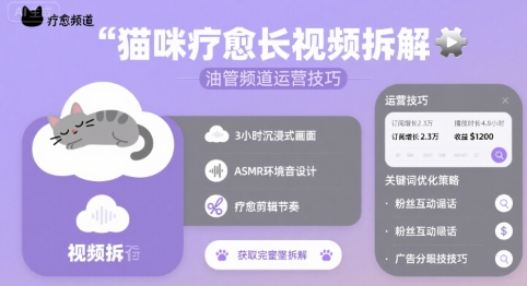 猫咪疗愈长视频拆解 &油管频道运营技巧网赚项目-副业赚钱-互联网创业-资源整合御文网赚
