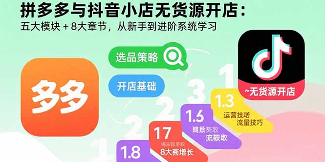 拼多多与抖音小店无货源开店：五大模块+8大章节，从新手到进阶系统学习网赚项目-副业赚钱-互联网创业-资源整合御文网赚