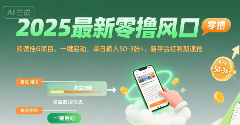 2025最新零撸风口，阅读挂G项目，一键启动，单日躺入 50-3张+，新平台红利期速抢【揭秘】网赚项目-副业赚钱-互联网创业-资源整合御文网赚