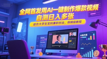 全网首发用AI一键制作爆款视频，自测日入多张，适合大学生宝妈兼职创业，保姆级教程网赚项目-副业赚钱-互联网创业-资源整合御文网赚