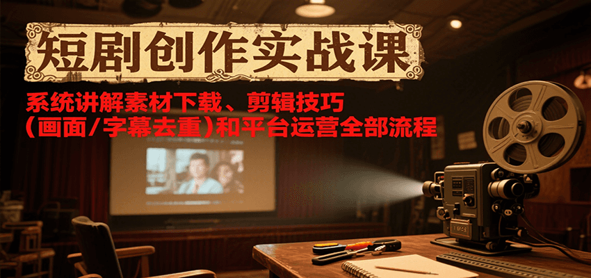 短剧创作实战课，系统讲解素材下载、剪辑技巧(画面/字幕去重)和平台运营全部流程网赚项目-副业赚钱-互联网创业-资源整合御文网赚