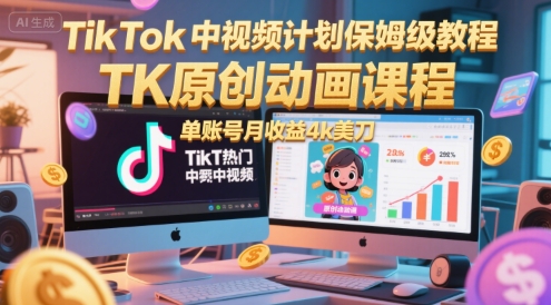TikTok中视频计划保姆级教程，TK原创动画课程，单账号月收益4k美刀网赚项目-副业赚钱-互联网创业-资源整合御文网赚