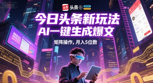 今日头条新玩法，AI一键生成爆文，矩阵操作，月入5位数网赚项目-副业赚钱-互联网创业-资源整合御文网赚