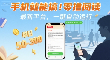 手机就能搞！零撸阅读挂G，最新平台，一键自动运行，随时随地挣，单日50-3张+【揭秘】网赚项目-副业赚钱-互联网创业-资源整合御文网赚