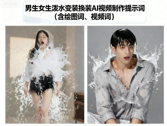男生女生泼水变装换装AI视频制作提示词(含绘图词、视频词)网赚项目-副业赚钱-互联网创业-资源整合御文网赚