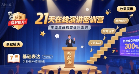 21天在线演讲密训营，王牌演讲招商课程系统网赚项目-副业赚钱-互联网创业-资源整合御文网赚