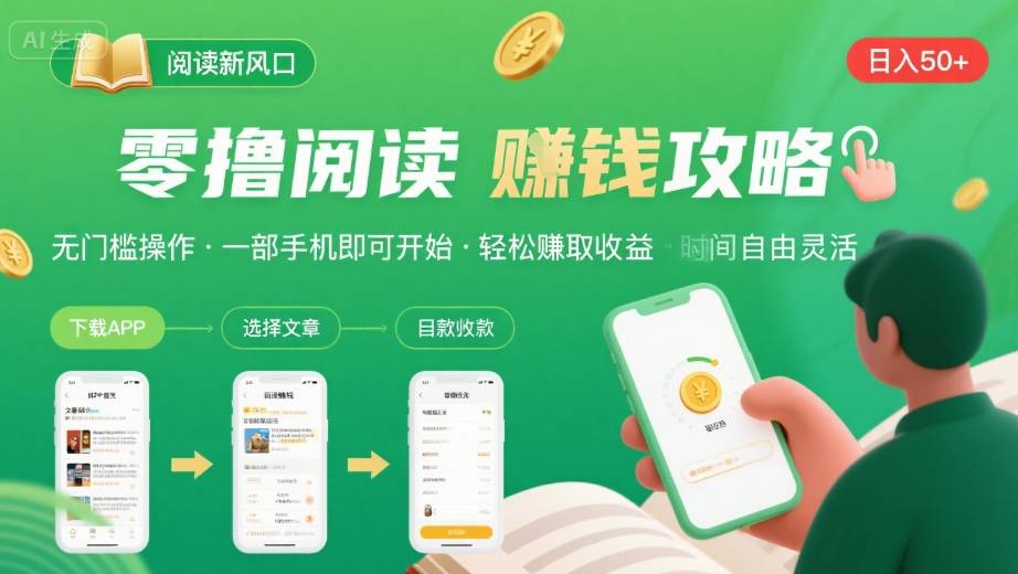 零撸阅读新风口，无门槛轻松挣，一部手机，日入 50-3张【揭秘】网赚项目-副业赚钱-互联网创业-资源整合御文网赚