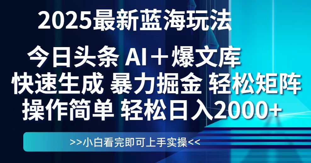今日头条2025最新蓝海玩法，思路简单，复制粘贴，轻松实现矩阵日入2000+网赚项目-副业赚钱-互联网创业-资源整合御文网赚
