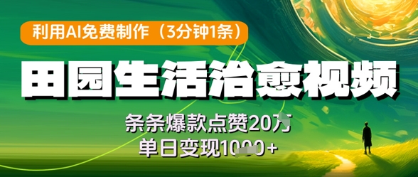 利用AI免费制作田园生活治愈视频，条条爆款点赞20W，单日变现几张网赚项目-副业赚钱-互联网创业-资源整合御文网赚