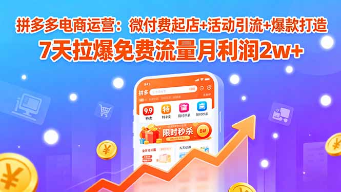 拼多多电商运营：微付费起店+活动引流+爆款打造 7天拉爆免费流量月利润2w+网赚项目-副业赚钱-互联网创业-资源整合御文网赚