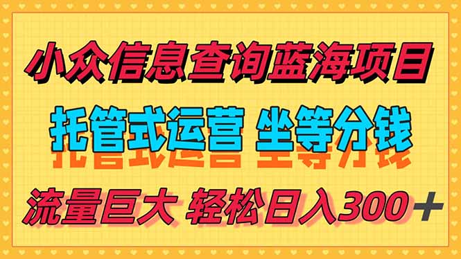 稳定日入300＋，小众信息查询蓝海项目，全程懒人式托管，解放你的时间网赚项目-副业赚钱-互联网创业-资源整合御文网赚