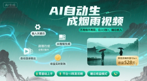 不用拍不用剪！AI自动生成烟雨视频，日入5张+，睡后收入网赚项目-副业赚钱-互联网创业-资源整合御文网赚