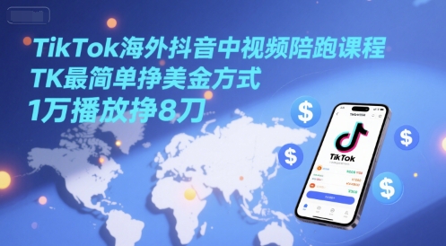 TikTok海外抖音中视频陪跑课程，TK最简单挣美金方式，1万播放挣8刀网赚项目-副业赚钱-互联网创业-资源整合御文网赚