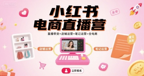 小红书电商直播营，直播带货+店铺运营+笔记运营=全电商网赚项目-副业赚钱-互联网创业-资源整合御文网赚