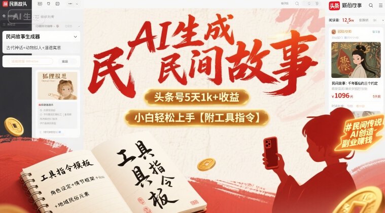 AI生成民间故事，头条号5天1k+，小白轻松上手【附工具指令】网赚项目-副业赚钱-互联网创业-资源整合御文网赚