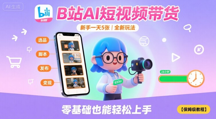 B站AI短视频带货，新手一天5张，全新玩法【保姆级教程】网赚项目-副业赚钱-互联网创业-资源整合御文网赚