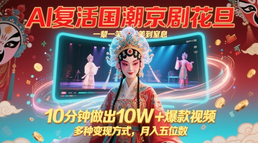 AI复活国潮京剧花旦，一颦一笑美到窒息，10分钟做出10W+爆款视频，多种变现方式，月入五位数网赚项目-副业赚钱-互联网创业-资源整合御文网赚