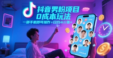 抖音男粉项目0成本玩法，一部手机即可操作，日均4张+，时间自由网赚项目-副业赚钱-互联网创业-资源整合御文网赚