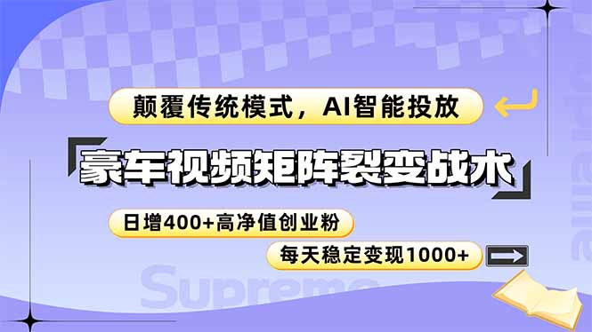 豪车视频矩阵裂变战术，颠覆传统模式，AI智能投放，日增400+高净值创业…网赚项目-副业赚钱-互联网创业-资源整合御文网赚