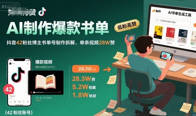 AI制作爆款书单，抖音42粉丝博主书单号制作拆解，单条视频28W赞网赚项目-副业赚钱-互联网创业-资源整合御文网赚