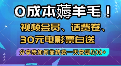 0成本薅羊毛!视频会员、话费卷、30元电影票白送，分享我如何靠转卖一天变现5张+【揭秘】网赚项目-副业赚钱-互联网创业-资源整合御文网赚
