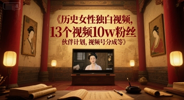 历史女性独白视频，13个视频10w粉丝，伙伴计划，视频号分成等网赚项目-副业赚钱-互联网创业-资源整合御文网赚