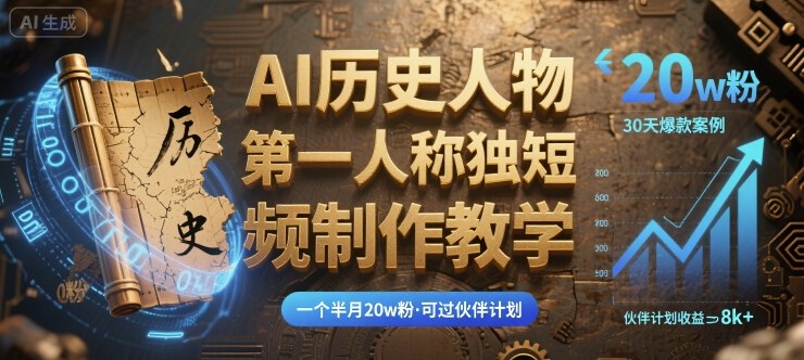 最新AI历史人物第一人称独白短视频制作教学，一个半月20w粉，可过伙伴计划网赚项目-副业赚钱-互联网创业-资源整合御文网赚