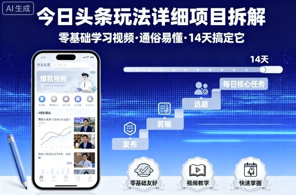 今日头条玩法详细项目拆解，零基础学习视频 通俗易懂 14天搞定它网赚项目-副业赚钱-互联网创业-资源整合御文网赚