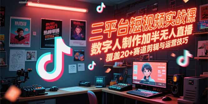 三平台短视频实战课，数字人制作加半无人直播，覆盖20+赛道剪辑与运营技巧网赚项目-副业赚钱-互联网创业-资源整合御文网赚