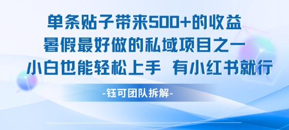 单条贴子带来5张的收益，暑假最好做的私域项目之一，小白也能轻松上手，有小红书就行网赚项目-副业赚钱-互联网创业-资源整合御文网赚