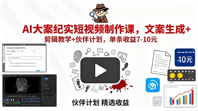 AI大案纪实短视频制作课，文案生成+剪辑教学+伙伴计划，单条收益7-10元网赚项目-副业赚钱-互联网创业-资源整合御文网赚