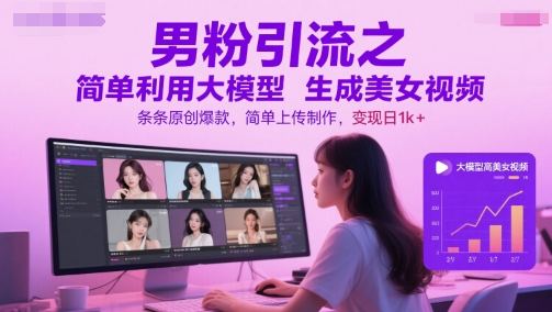 男粉引流之简单利用大模型生成美女视频，条条原创爆款，简单上传制作，变现日1k+网赚项目-副业赚钱-互联网创业-资源整合御文网赚