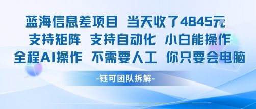 蓝海信息差项目当天收米1k+ 支持矩阵支持自动化小白能操作全程AI操作不需要人工你只要会电脑网赚项目-副业赚钱-互联网创业-资源整合御文网赚