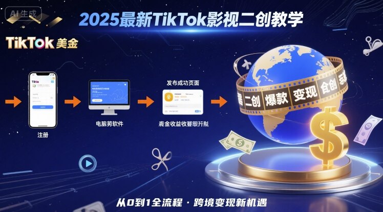 2025年最新TikTok影视二创教学，从注册到发布撸美金全流程，跨境变现新机遇网赚项目-副业赚钱-互联网创业-资源整合御文网赚
