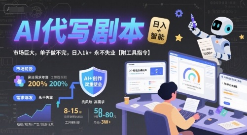 AI代写剧本，市场巨大，单子做不完，日入1k+ 永不失业【附工具指令】网赚项目-副业赚钱-互联网创业-资源整合御文网赚