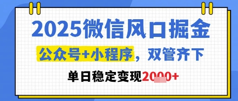 2025微信风口掘金，公众号+小程序双管齐下，单日稳定变现1k+【揭秘】网赚项目-副业赚钱-互联网创业-资源整合御文网赚