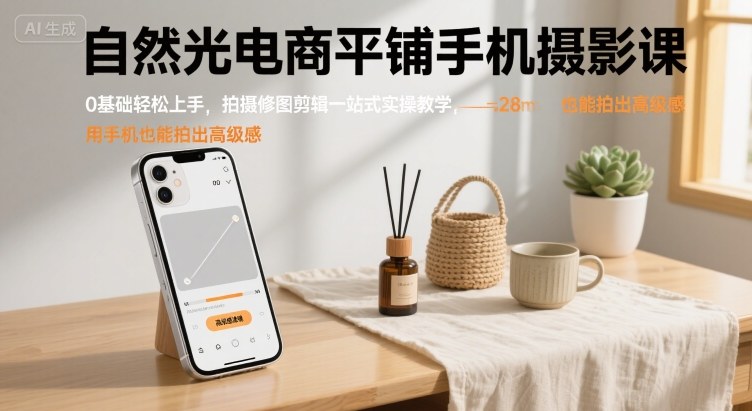 自然光电商平铺手机摄影课，0基础轻松上手，拍摄修图剪辑一站式实操教学，用手机也能拍出高级感网赚项目-副业赚钱-互联网创业-资源整合御文网赚
