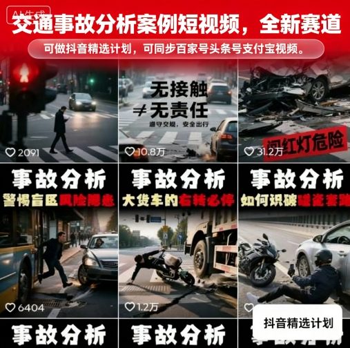 交通事故分析案例短视频，全新赛道，可做抖音精选计划，可同步百家号头条号支付宝视频号平台网赚项目-副业赚钱-互联网创业-资源整合御文网赚