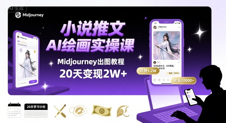 小说推文干货分享之AI绘画MJ出图实操课，用Midjourney做小说推文，20天挣2w网赚项目-副业赚钱-互联网创业-资源整合御文网赚