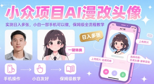 小众项目AI漫改头像，实测日入多张，小白一部手机可以做，保姆级全流程教学网赚项目-副业赚钱-互联网创业-资源整合御文网赚