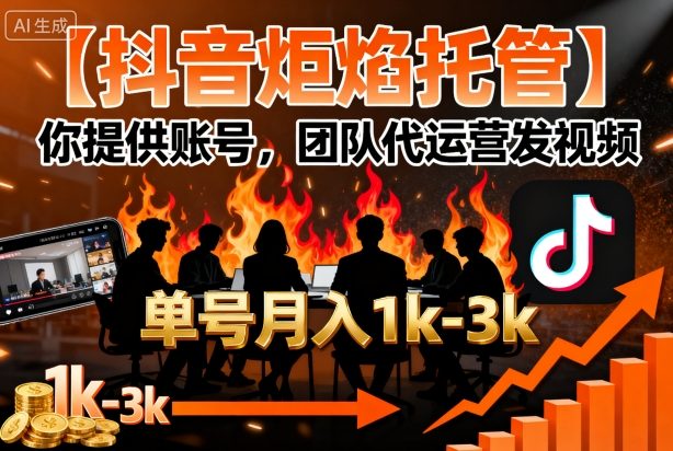 【抖音炬焰托管】你提供账号，团队代运营发视频，单号月入1k+【揭秘】网赚项目-副业赚钱-互联网创业-资源整合御文网赚