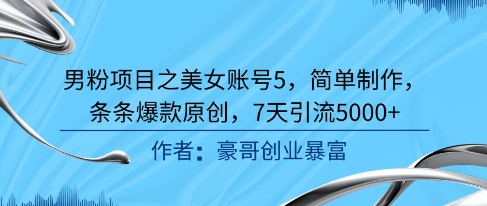 男粉项目之美女账号5，简单制作，条条爆款原创，7天引流5000+网赚项目-副业赚钱-互联网创业-资源整合御文网赚