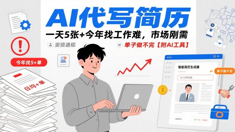AI代写简历，一天5张+今年找工作难，市场刚需，单子做不完【附AI工具】网赚项目-副业赚钱-互联网创业-资源整合御文网赚